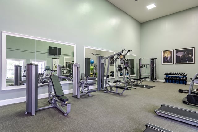 Interior view of a well-equipped fitness center with weight machines, treadmills, and free weights.