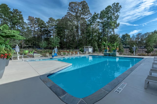 Outdoor swimming pool with lounge chairs and lush greenery.