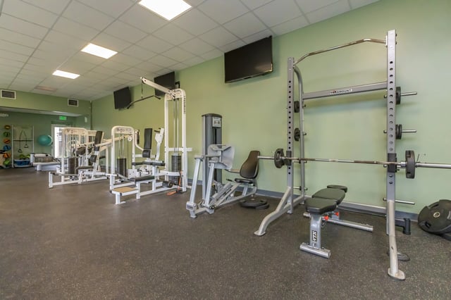 Gym with weight machines and a squat rack.