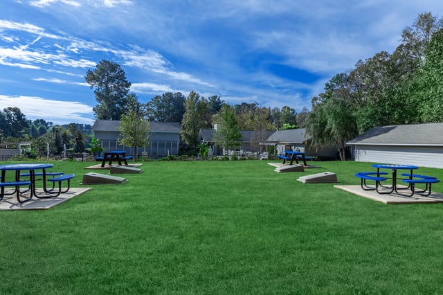 Outdoor recreational area with picnic tables and cornhole games.
