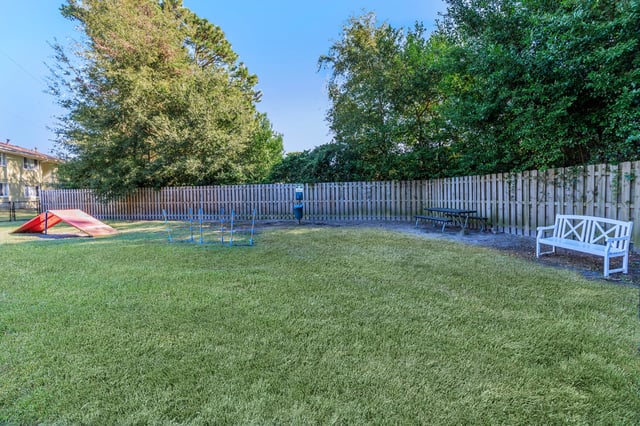 Dog park with agility equipment, picnic table, and bench.