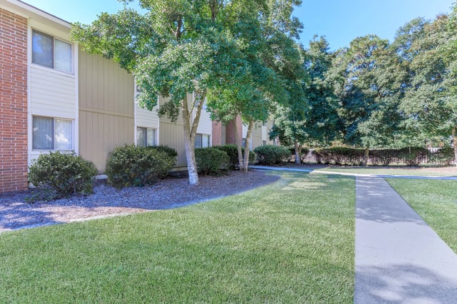Exterior view of apartment buildings with trees and a sidewalk.