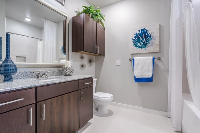 Modern bathroom with granite countertops, dark wood vanity, and a walk-in shower with a white curtain.