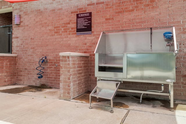 Pet wash station with stainless steel tub and steps.