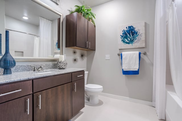 Modern bathroom with espresso vanity, granite countertop, and chrome fixtures.