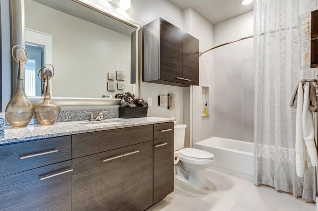 Modern bathroom with double vanity, granite countertops, and tiled shower.