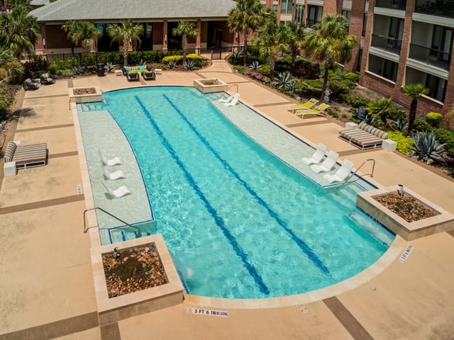 Resort-style swimming pool with lounge chairs and palm trees.