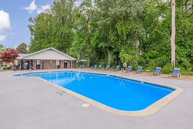 Resort-style swimming pool with lounge chairs and surrounding trees.