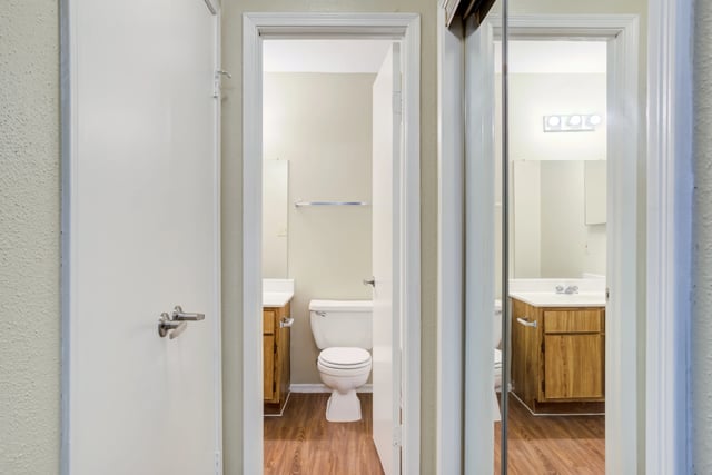 View of a bathroom with a toilet, vanity, and mirror.