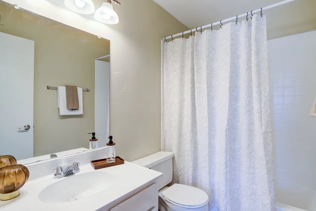 Bathroom with vanity, toilet, and shower with white curtain.