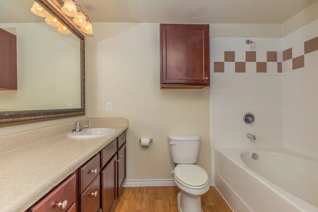 Bathroom with vanity, sink, toilet, and bathtub.