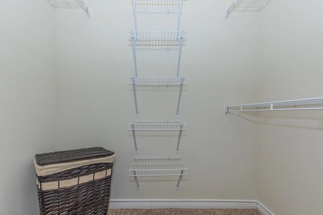 Empty walk-in closet with wire shelving and a laundry hamper.