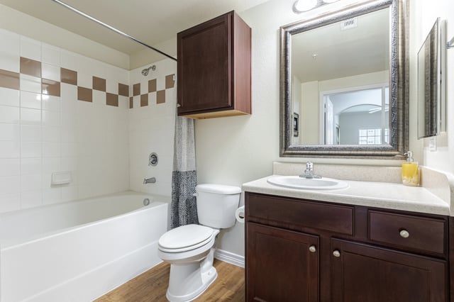 Bathroom with a bathtub, toilet, and vanity with a large mirror.