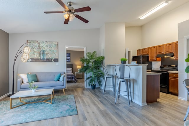 Living room and kitchen area of an apartment with a sofa, coffee table, and kitchen counter with bar stools.