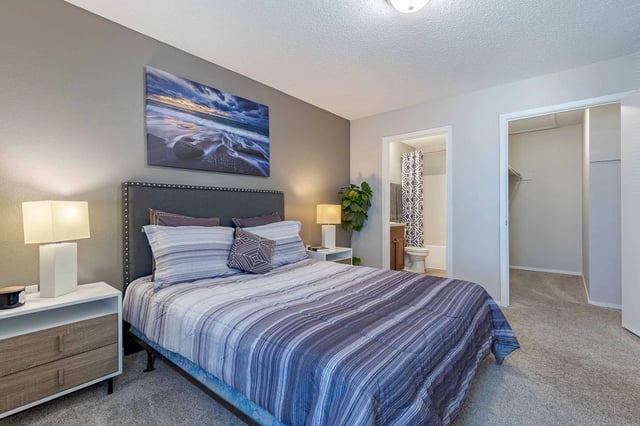 King size bed with striped comforter and pillows, nightstand with lamp, and doorway to bathroom and closet.
