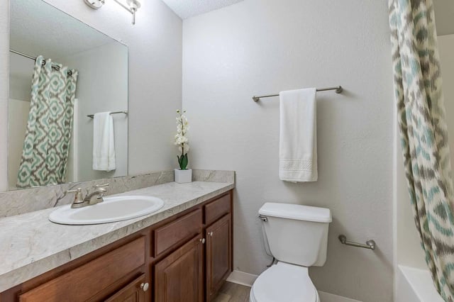 Bathroom with vanity, toilet, and shower