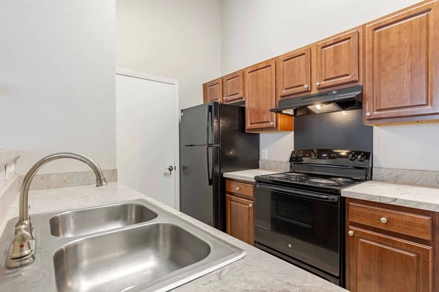 Kitchen with double sink, black refrigerator, and black electric stove with wooden cabinets.
