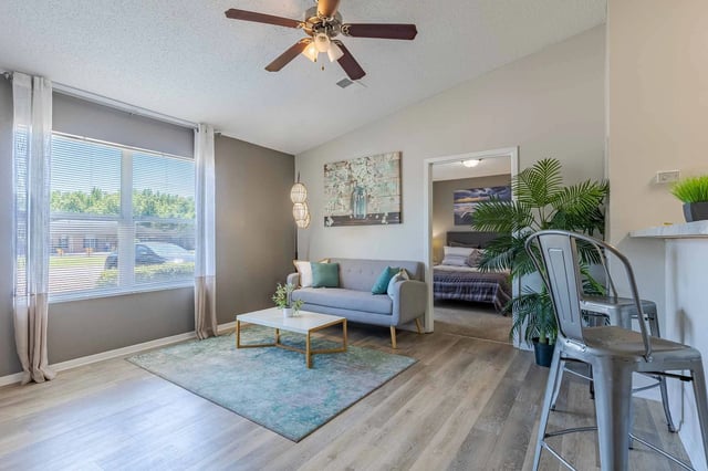 Living room with grey sofa, coffee table, and rug. Bedroom visible through doorway.