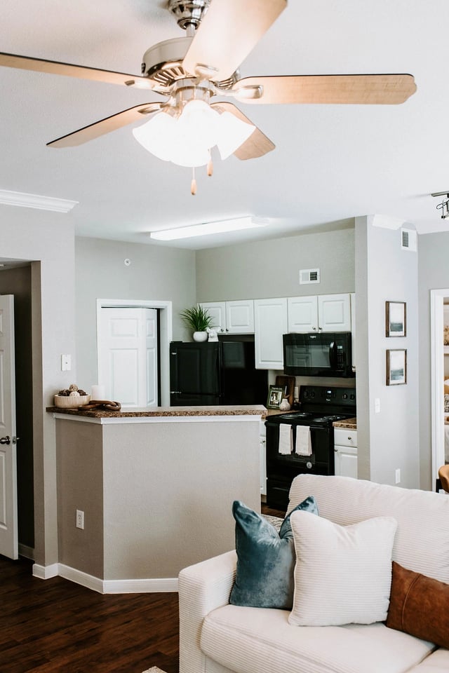 Living room and kitchen area with a ceiling fan and sofa.