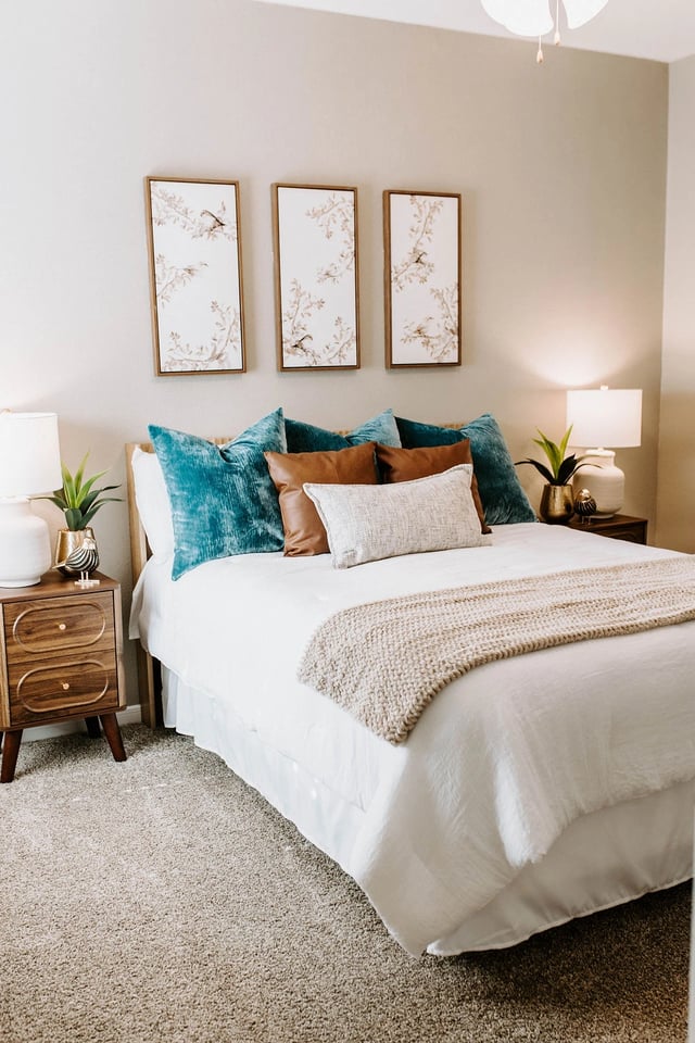 Bedroom with a king-size bed, teal and brown pillows, and abstract art on the wall.