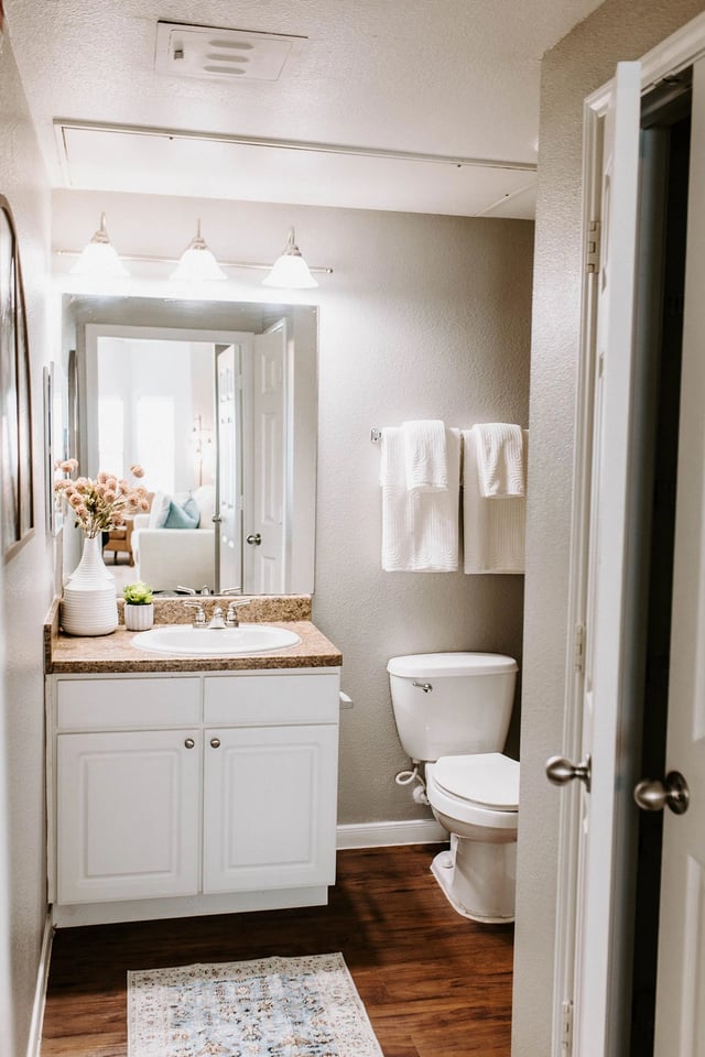 A bathroom with a vanity, toilet, and towels hanging on the wall.