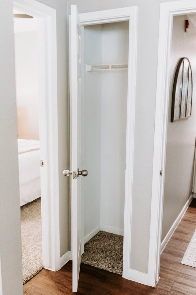 Interior hallway with an open closet door, revealing a small closet with a shelf and carpet. A bedroom is visible through an adjacent open door.