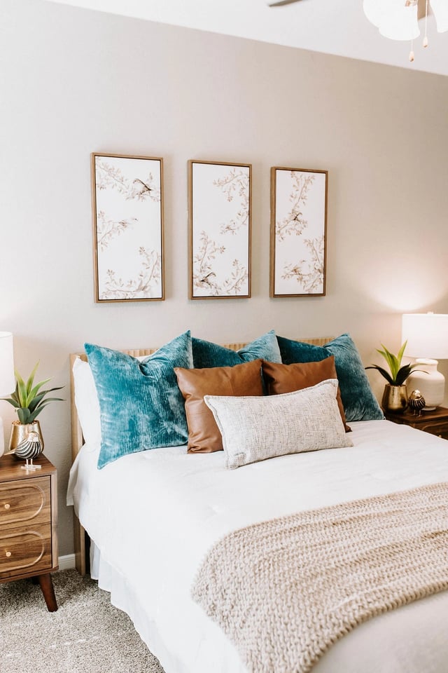Bedroom with a queen-size bed, teal and brown pillows, and three framed pictures of birds and branches.