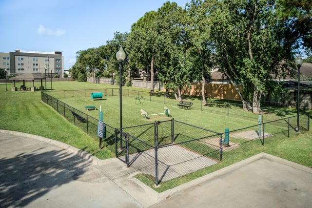 Fenced-in dog park with agility equipment, benches, and a covered picnic area.
