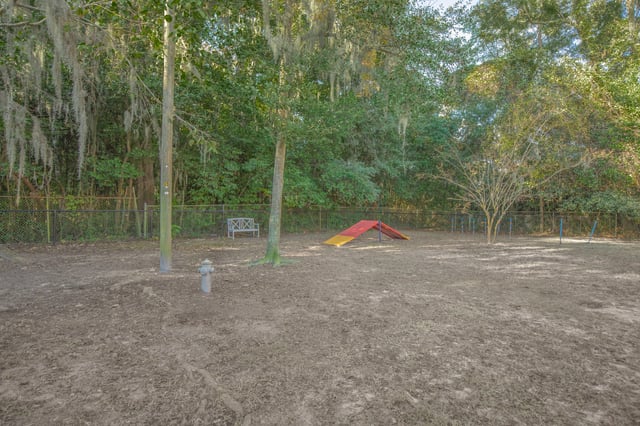 Dog park with agility equipment and a bench.
