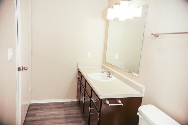 Bathroom vanity with sink, mirror, and toilet.