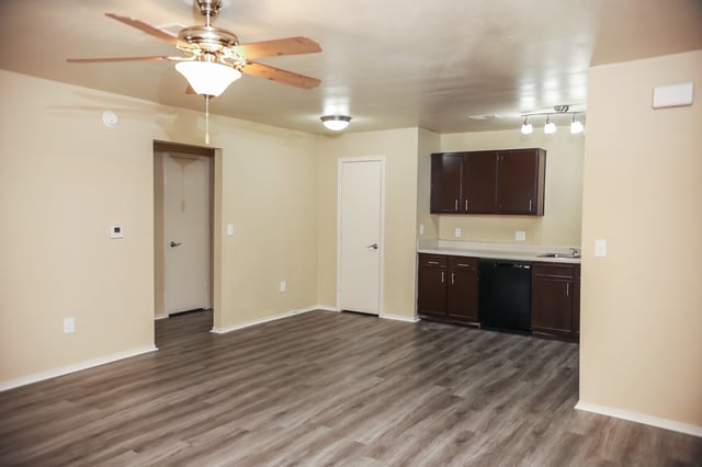 Living room and kitchen area with wood-look flooring and ceiling fan.