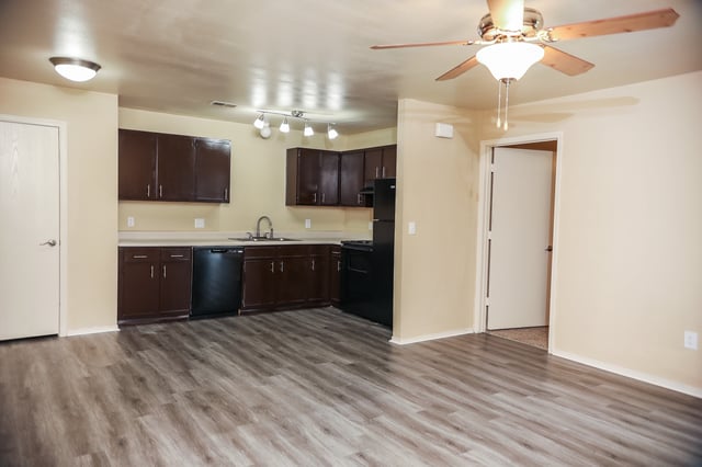 Kitchen and living area with dark cabinets, black appliances, and a ceiling fan.