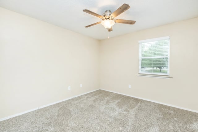 Empty bedroom with neutral walls, carpet, and a ceiling fan.