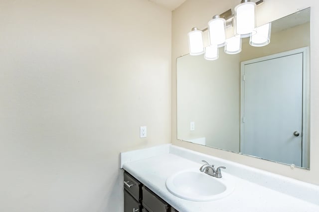 Bathroom vanity with sink, mirror, and light fixture.