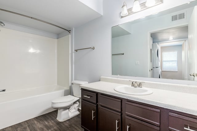 Modern bathroom with vanity, toilet, and tub/shower combo.