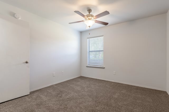 Bedroom with a ceiling fan, a closed door, and a window with blinds.