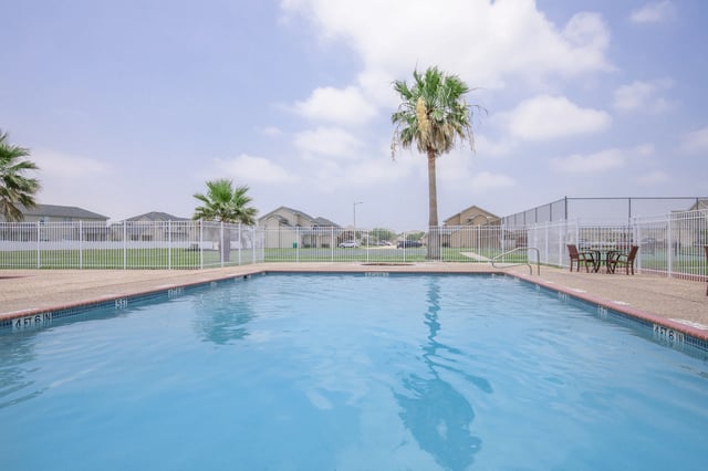 Outdoor swimming pool with palm trees and residential buildings in the background.
