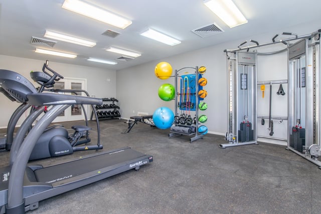 Fitness center with treadmills, weight machines, dumbbells, and exercise balls.