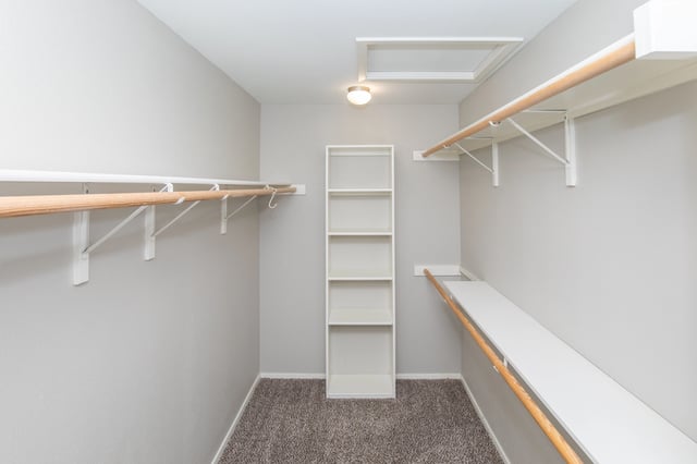 Spacious walk-in closet with shelves and hanging rods.