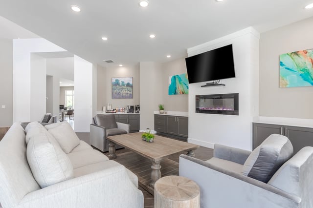 Clubhouse seating area with fireplace and TV
