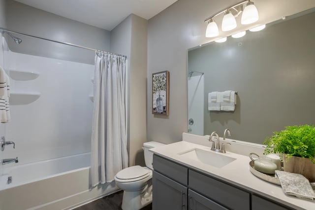 Modern bathroom with a white bathtub, toilet, and vanity with a large mirror.
