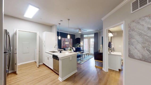 Kitchen, living room, and bathroom of an apartment.