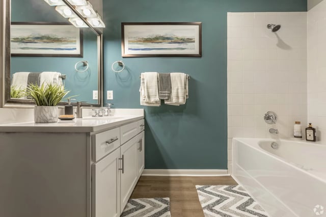 Modern bathroom with double vanity, soaking tub, and decorative accents.