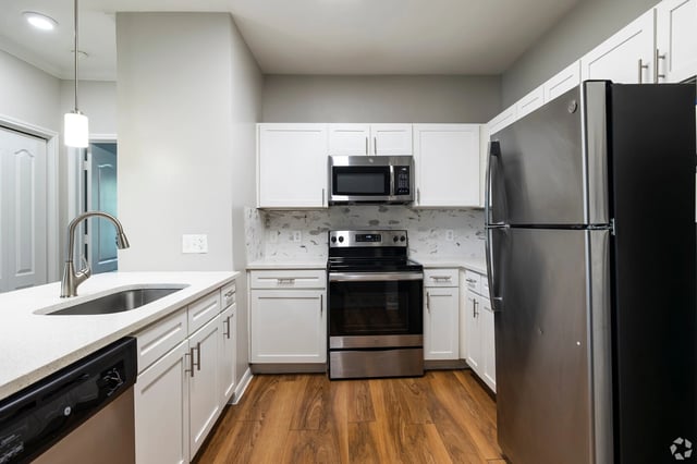 Modern kitchen with stainless steel appliances, white countertops, and white cabinetry.