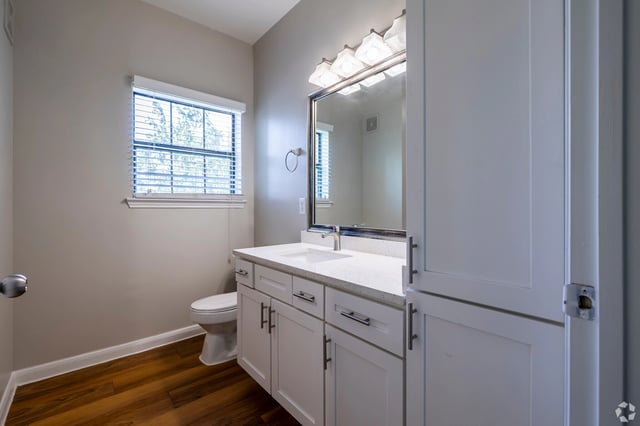 Bathroom with vanity, toilet, and storage.