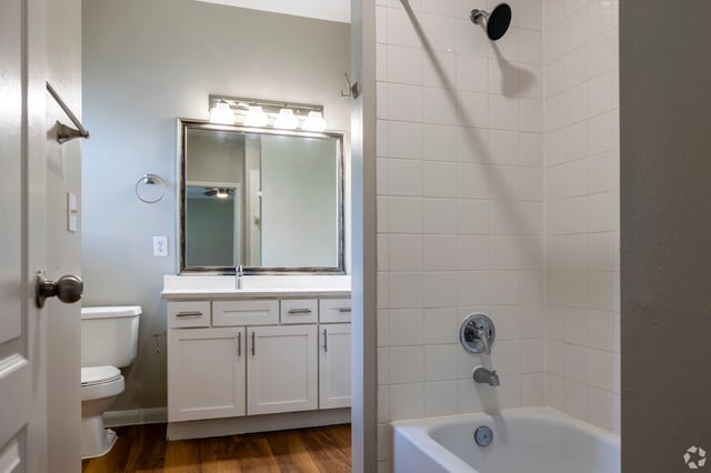 Modern bathroom with white vanity, large mirror, and tiled shower.