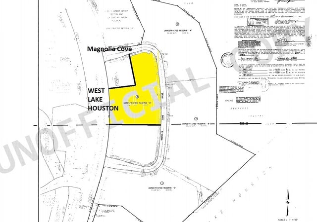 A plat map showing land parcels and roads for West Lake Houston.