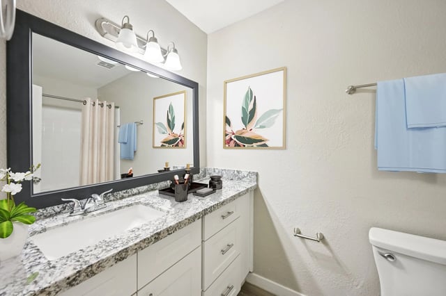 Modern bathroom with a granite countertop, white vanity, large mirror, and artwork.