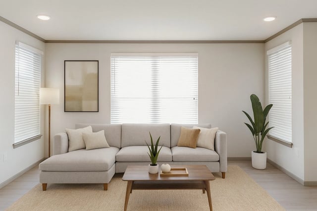 Living room with a sectional sofa, coffee table, floor lamp, and large windows with blinds.
