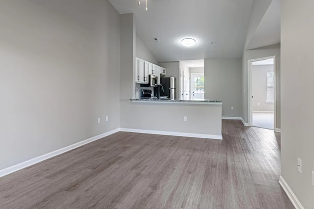 Open living area with a kitchen view, featuring gray walls and wood-look flooring.